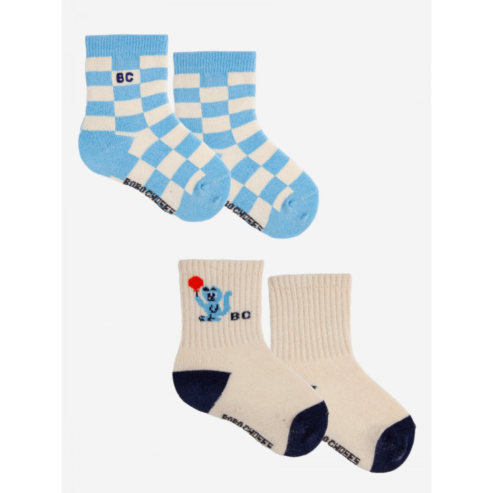 Checkerboard and Cat Long Baby Socks Pack