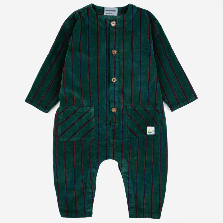 Baby Striped Velvet Overall Dark Green