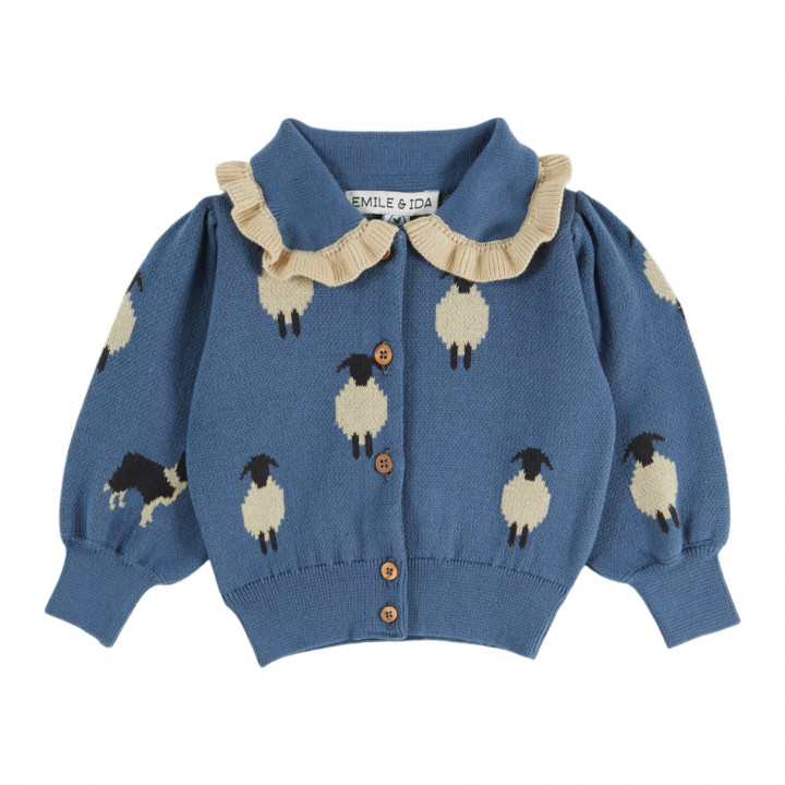 Jacquard Ruffle Collar Cardigan Mouton Bleu
