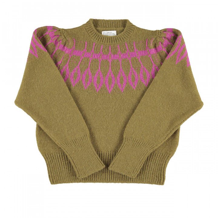 Knitted Soft Sweater | Olive Green W/ Fuschia Jacquard Detail