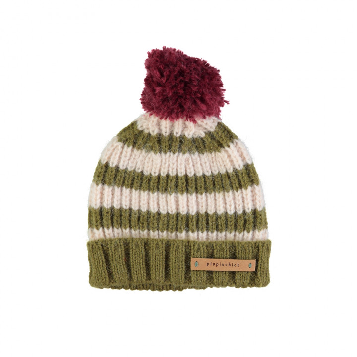 Knitted Hat w/ Pompon Green & Ecru Stripes