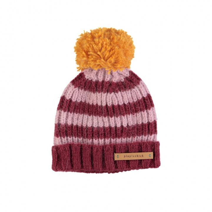 Knitted Hat w/ Pompon Pink & Raspberry Stripes