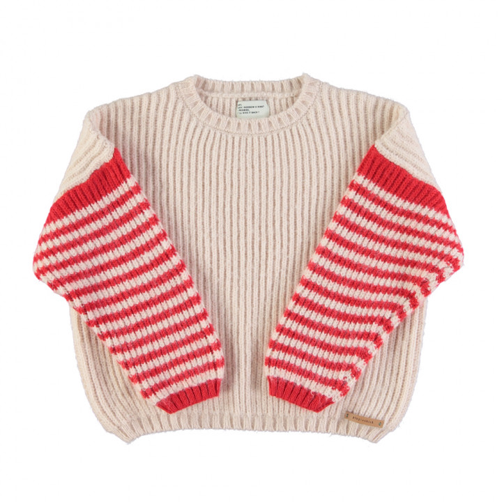 Knitted Sweater Ecru & Red Stripes