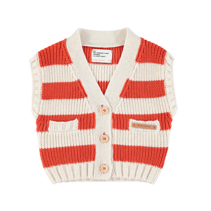 Knitted Waistcoat Ecru & Red Stripes