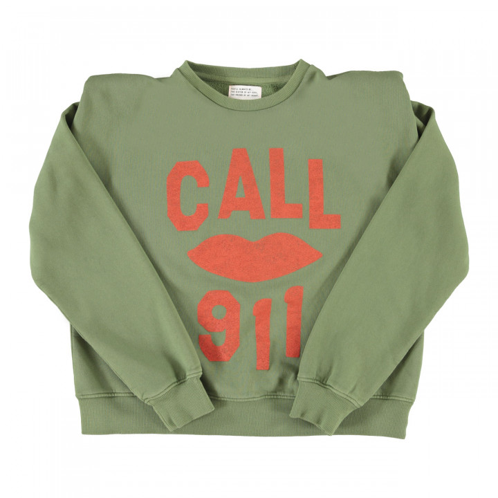 Shoulder Pad Sweatshirt | Green W/ Call 911 Print