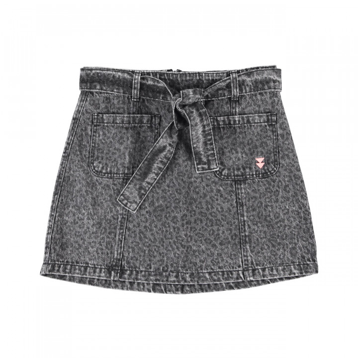 Short Skirt | Washed Black Denim W/ Animal Print