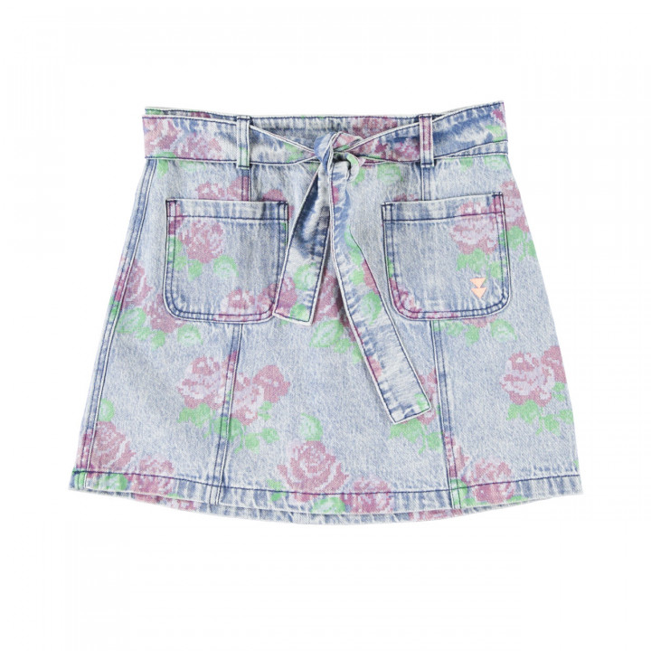 Short Skirt | Washed Blue Denim W/ Flowers