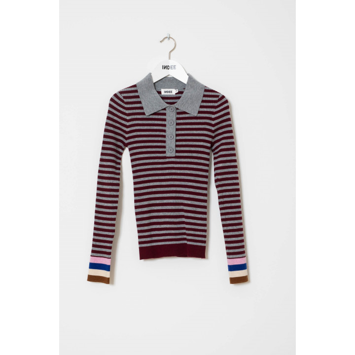 Wallaby Fitted Striped Polo Collar Pullover Merlot Red