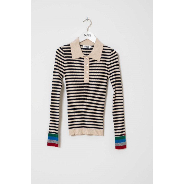 Wallaby Fitted Striped Polo Collar Pullover Navy