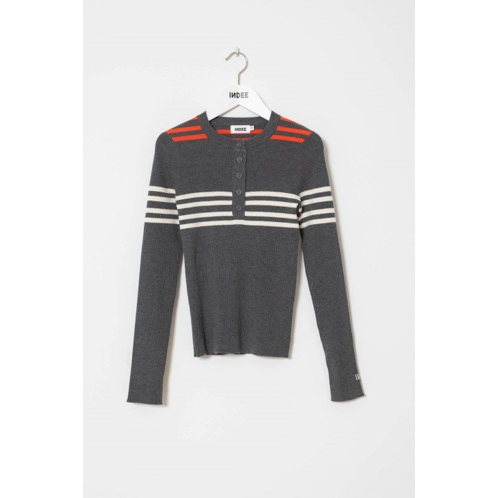Water Fitted Round Neck Pullover W/buttons Grey Melange