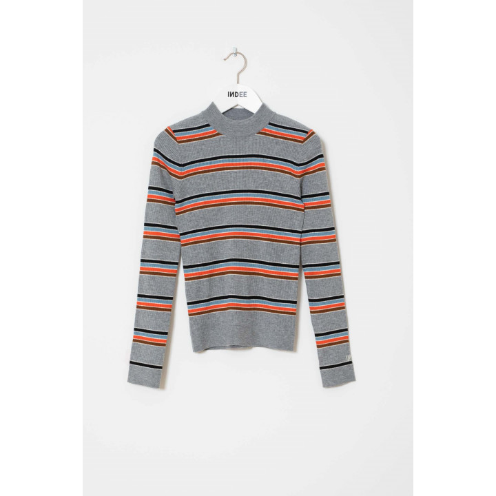 Wimbledon Fitted High Neck Striped Pullover Grey Melange