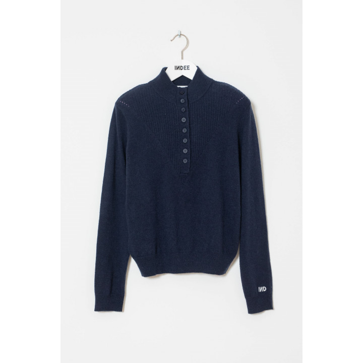 Winter High Neck Pullover With Buttons Navy