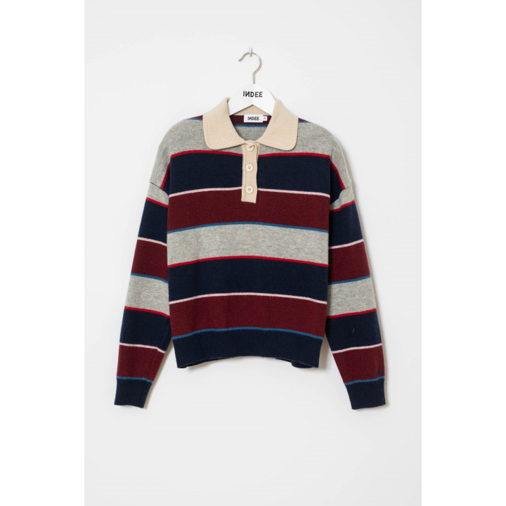 Wishes Multicolored Striped Polo Collar Pullover Navy