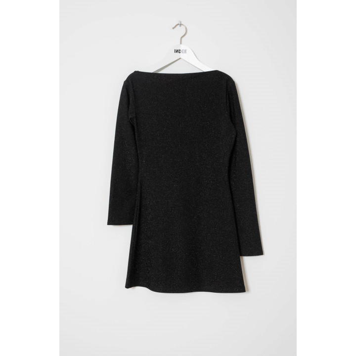 Wrap Assymetric Neck Line Lurex Short Dress Black