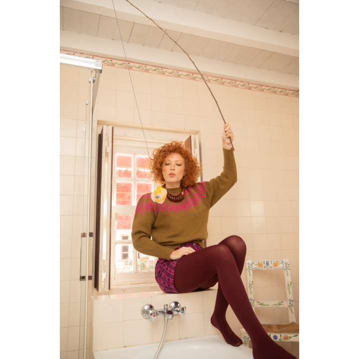 Knitted Soft Sweater | Olive Green W/ Fuschia Jacquard Detail