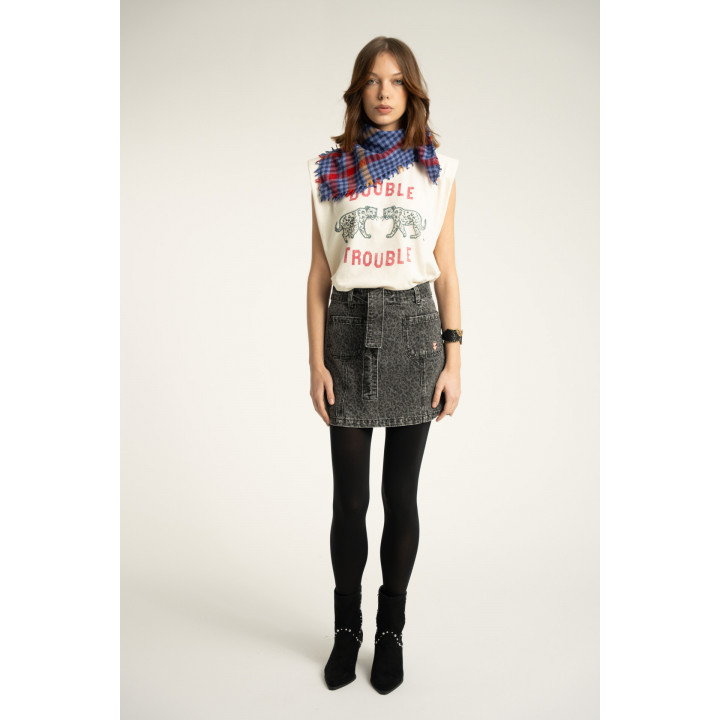 Short Skirt | Washed Black Denim W/ Animal Print