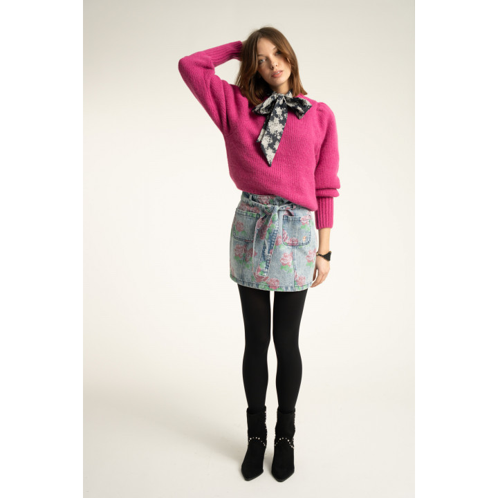 Short Skirt | Washed Blue Denim W/ Flowers