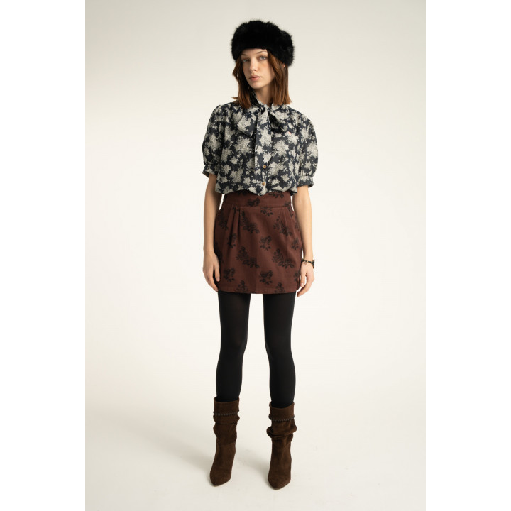 Short Skirt | Brown W/ Black Roses