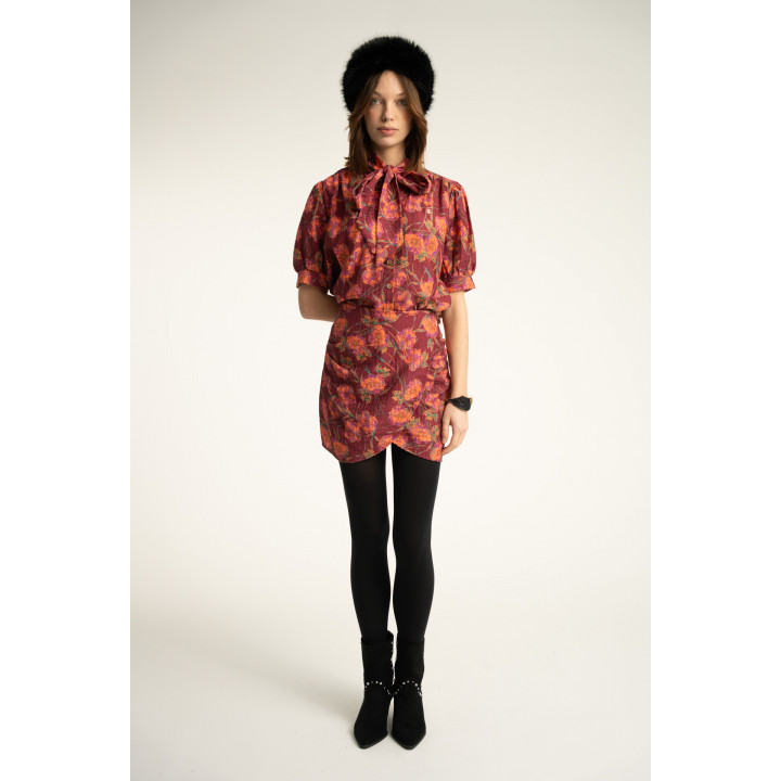 Short Wrap Skirt | Bordeaux W/ Multicolor Flowers