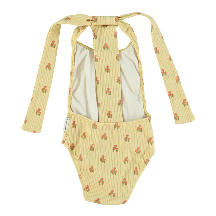 Swimsuit Back Bow Light Yellow w/ Flowers Allover